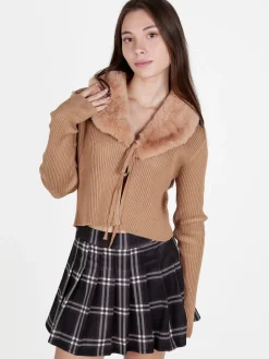 Solada Cardigan donna in maglia a costine con scollo in pelliccia sintetica