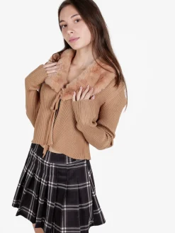 Solada Cardigan donna in maglia a costine con scollo in pelliccia sintetica