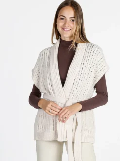 Solada Cardigan donna smanicato in maglia traforata con cintura - beige