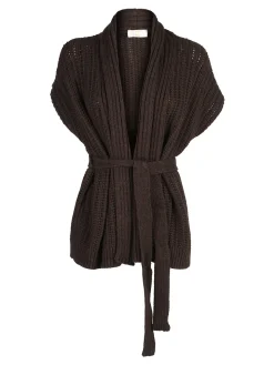 Solada Cardigan donna smanicato in maglia traforata con cintura - bordeaux