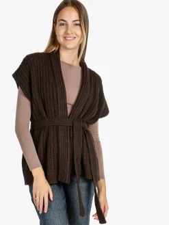 Solada Cardigan donna smanicato in maglia traforata con cintura - bordeaux