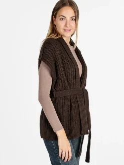 Solada Cardigan donna smanicato in maglia traforata con cintura - bordeaux