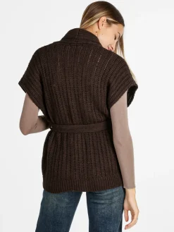 Solada Cardigan donna smanicato in maglia traforata con cintura - moro