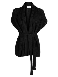Solada Cardigan donna smanicato in maglia traforata con cintura - nero