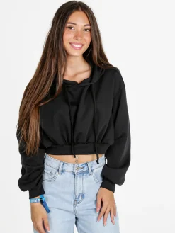 Solada Felpa donna cropped oversize con cappuccio - nero