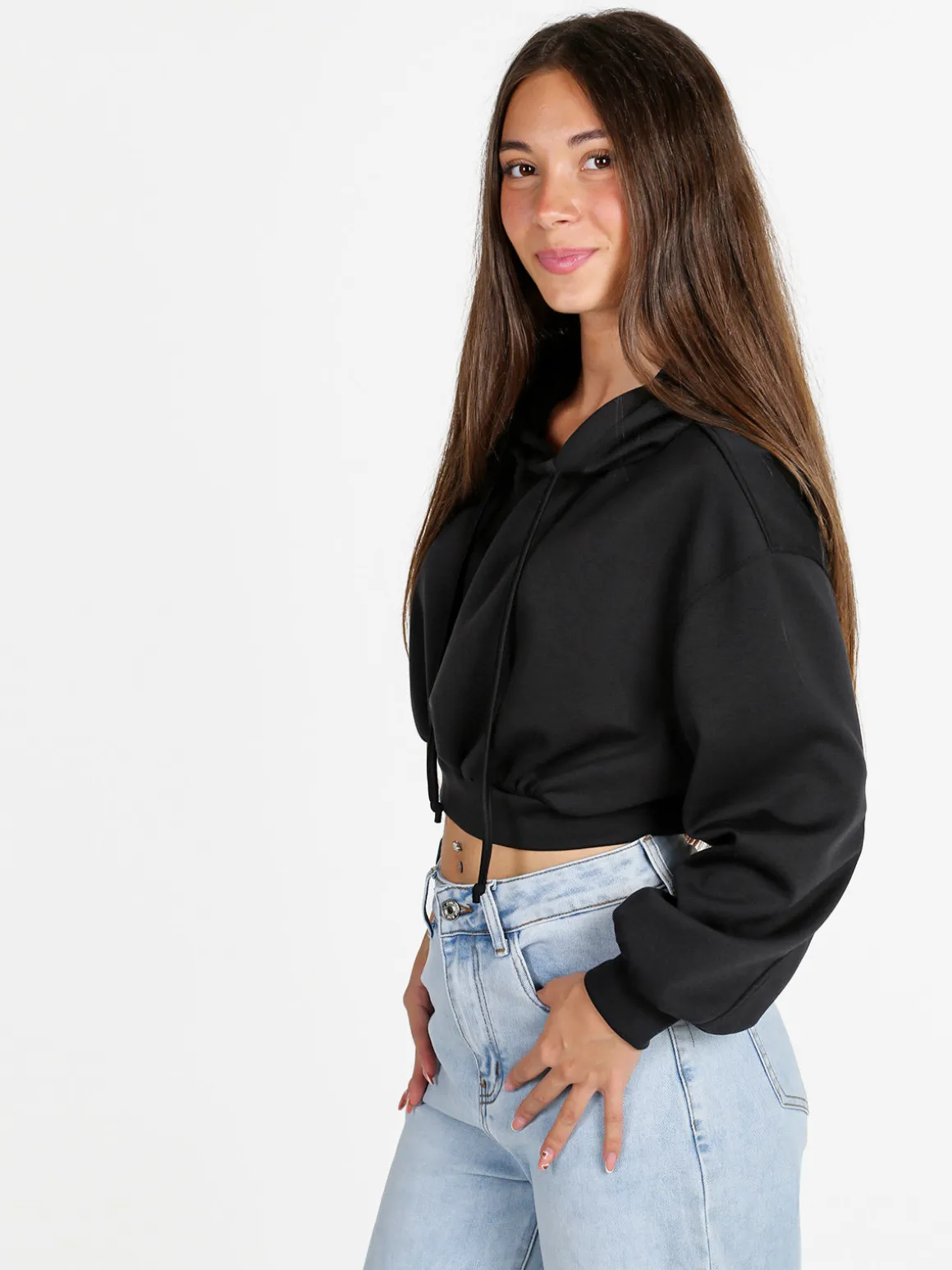 Solada Felpa donna cropped oversize con cappuccio - nero