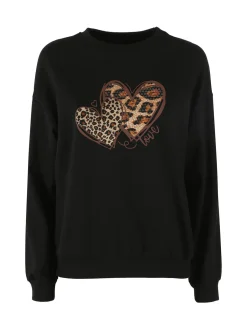 Solada Felpa donna girocollo con stampa cuori animalier - nero