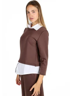 Solada Felpa donna girocollo con dettagli a camicia - moro