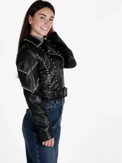 Solada Giacca biker in ecopelle da donna con strass