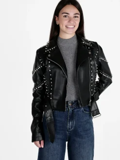 Solada Giacca biker in ecopelle da donna con strass
