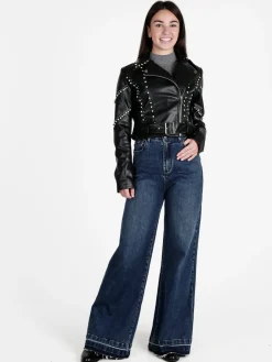 Solada Giacca biker in ecopelle da donna con strass