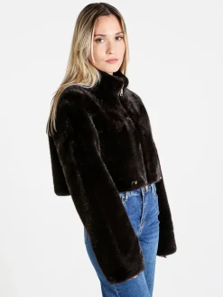 Solada Giacca donna cropped in pelliccia sintetica con coulisse - moro