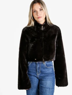 Solada Giacca donna cropped in pelliccia sintetica con coulisse - moro