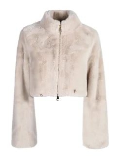 Solada Giacca donna cropped in pelliccia sintetica con coulisse - beige