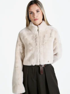 Solada Giacca donna cropped in pelliccia sintetica con coulisse - beige