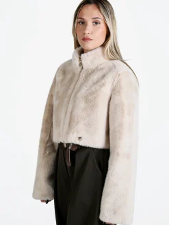 Solada Giacca donna cropped in pelliccia sintetica con coulisse - beige