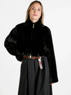 Solada Giacca donna cropped in pelliccia sintetica con coulisse - nero