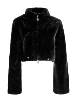 Solada Giacca donna cropped in pelliccia sintetica con coulisse - nero