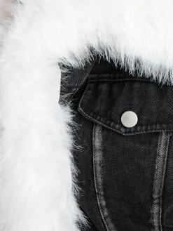 Solada Giacca donna cropped in jeans con polsini e scollo in pelliccia sintetica