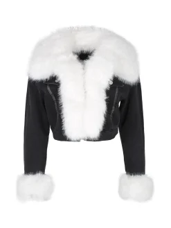 Solada Giacca donna cropped in jeans con polsini e scollo in pelliccia sintetica