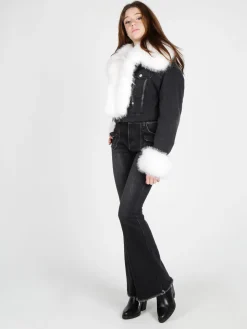 Solada Giacca donna cropped in jeans con polsini e scollo in pelliccia sintetica