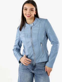 Solada Giacca donna in ecopelle con zip - azzurro