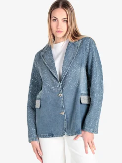 Solada Giacca donna in jeans con borchie e strass