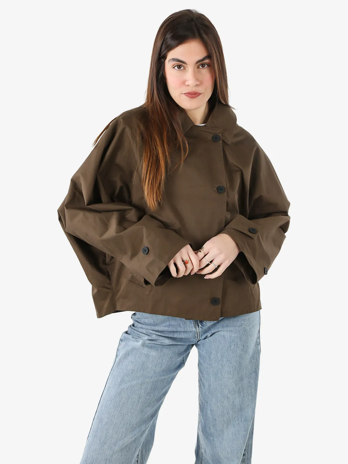 Solada Giacca donna oversize in cotone con maniche a pipistrello e cappuccio - moro