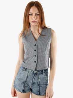 Solada Gilet da donna in cotone con stampa a quadretti - nero