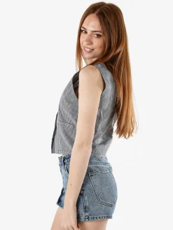 Solada Gilet da donna in cotone con stampa a quadretti - nero