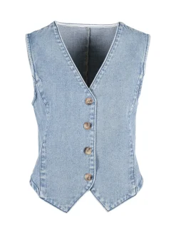 Solada Gilet donna in jeans con bottoni