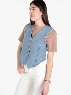 Solada Gilet donna in jeans con bottoni