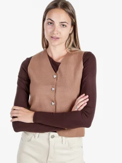 Solada Gilet donna in maglia con bottoni gioiello a cuore - cammello