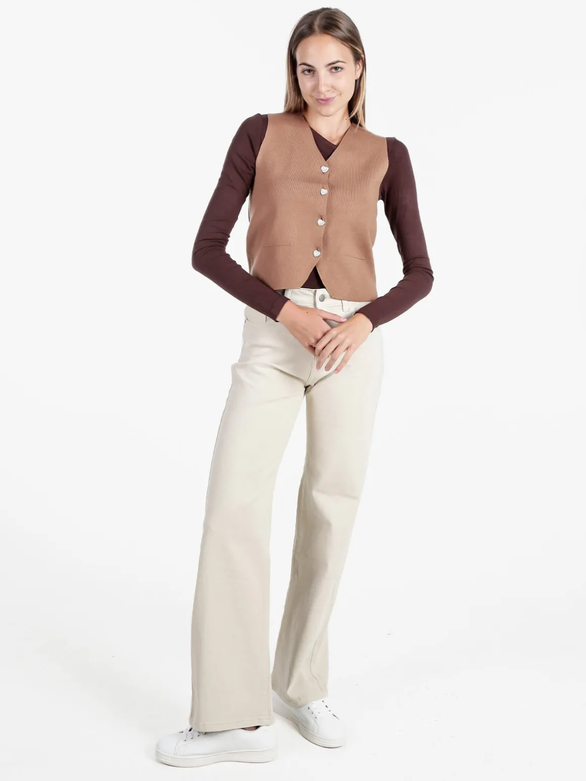 Solada Gilet donna in maglia con bottoni gioiello a cuore - cammello