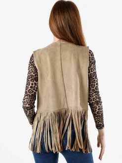Solada Gilet donna scamosciato con borchie e frange - beige