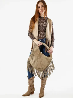 Solada Gilet donna scamosciato con borchie e frange - beige