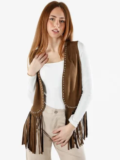 Solada Gilet donna scamosciato con borchie e frange - caffè