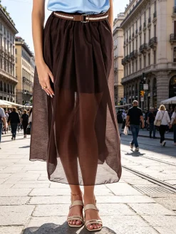 Solada Gonna lunga da donna con cintura bicolore in corda - senape
