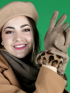 Solada Guanti da donna scamosciati con bordo animalier in pelliccia sintetica