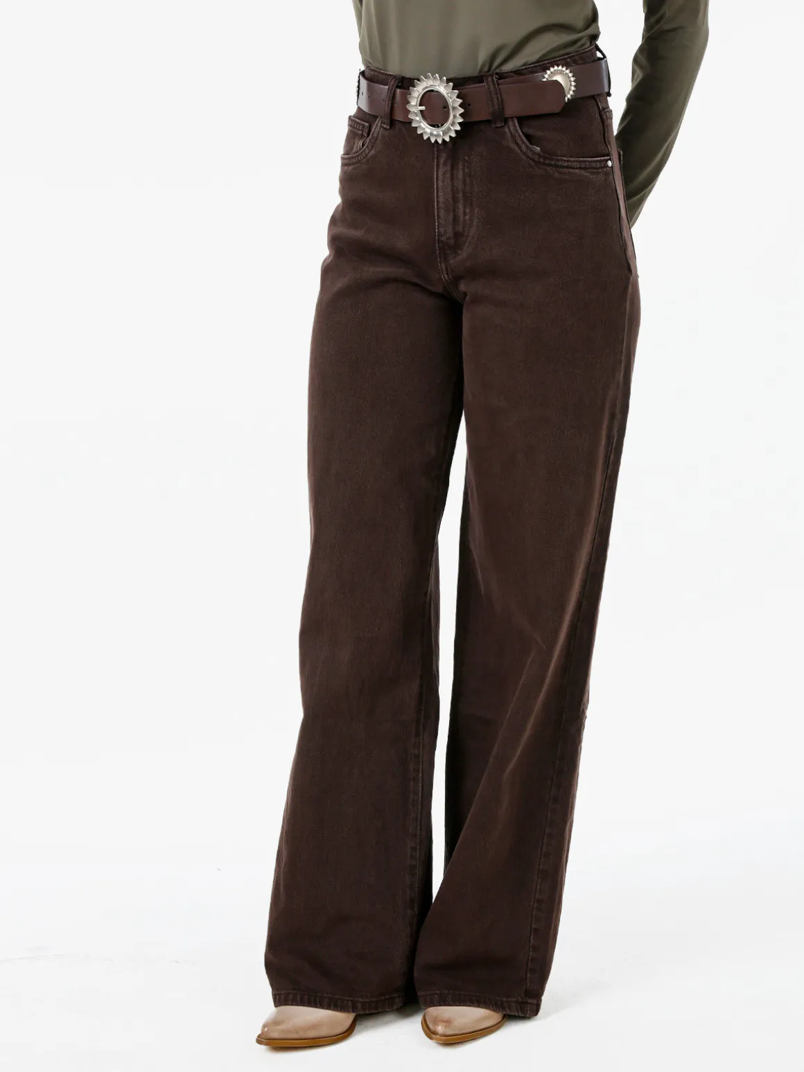 Solada Jeans donna wide leg con cintura - marrone