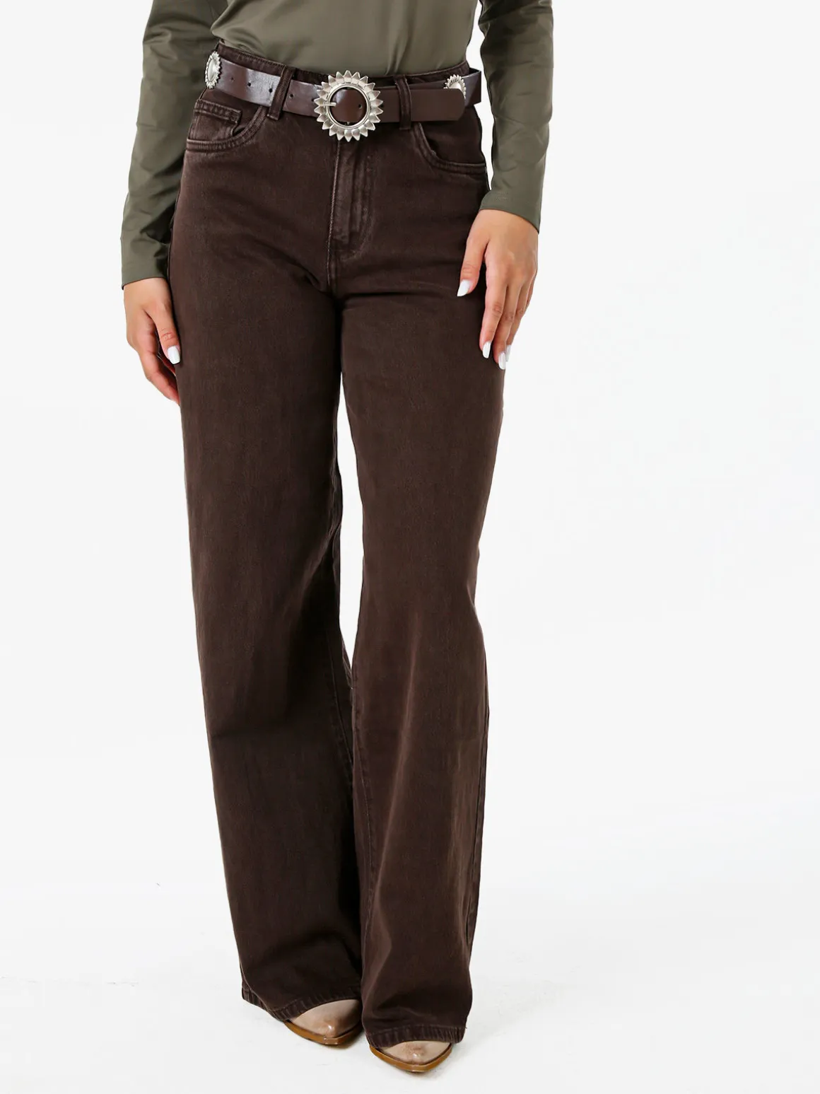 Solada Jeans donna wide leg con cintura - marrone