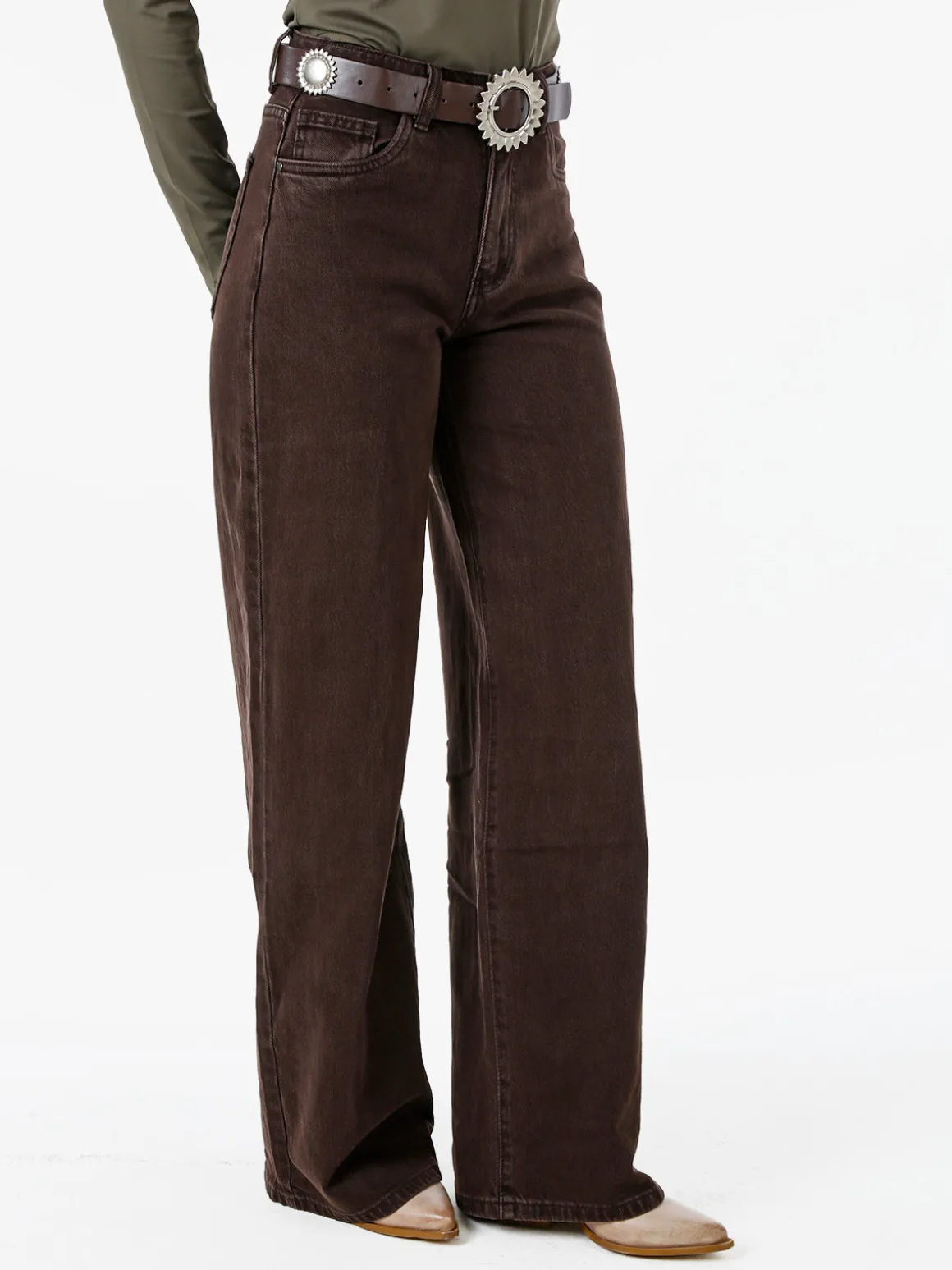 Solada Jeans donna wide leg con cintura - marrone