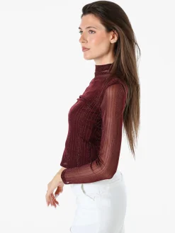 Solada Maglia donna accollata con maniche lunghe velate e dettagli lurex - bordeaux