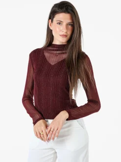 Solada Maglia donna accollata con maniche lunghe velate e dettagli lurex - bordeaux