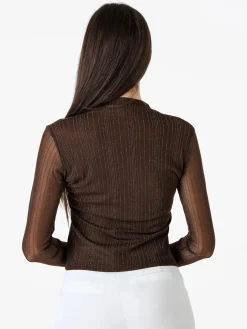 Solada Maglia donna accollata con maniche lunghe velate e dettagli lurex - moro