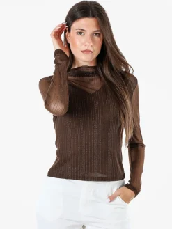 Solada Maglia donna accollata con maniche lunghe velate e dettagli lurex - moro