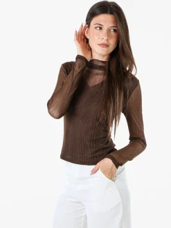Solada Maglia donna accollata con maniche lunghe velate e dettagli lurex - moro