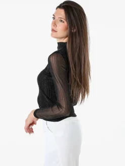 Solada Maglia donna accollata con maniche lunghe velate e dettagli lurex - nero