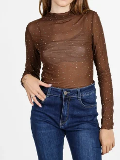 Solada Maglia donna a lupetto in microrete con borchie - moro