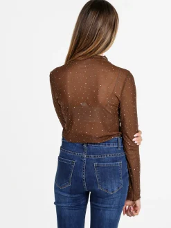Solada Maglia donna a lupetto in microrete con borchie - moro